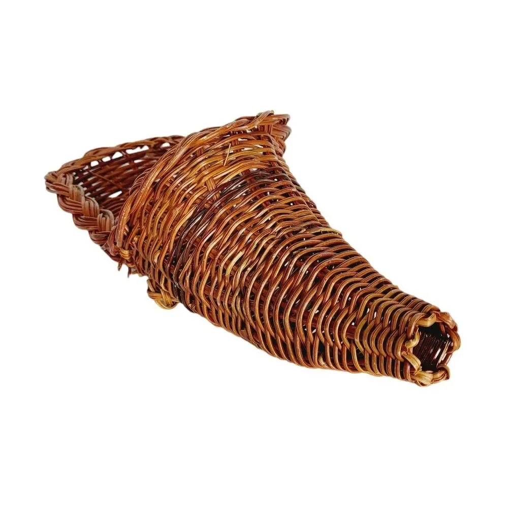 Vintage Horn Of Plenty Cornucopia Bohemian Woven Wicker Boho Basket Wall Vase